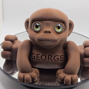 May include: A brown 3D printed figurine of a monkey with green eyes and the name "GEORGE" printed on its chest.