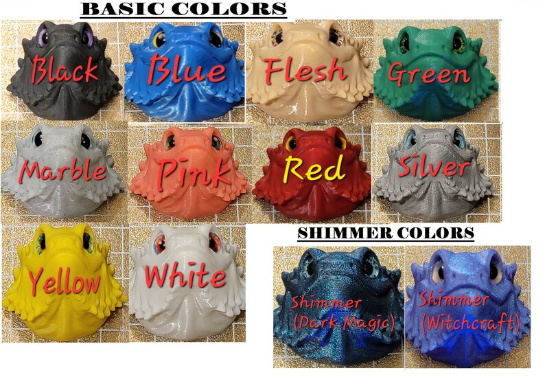 May include: A collection of 12 miniature bearded dragon figurines in various colors, including black, blue, flesh, green, marble, pink, red, silver, yellow, white, shimmer (dark magic), and shimmer (witchcraft).