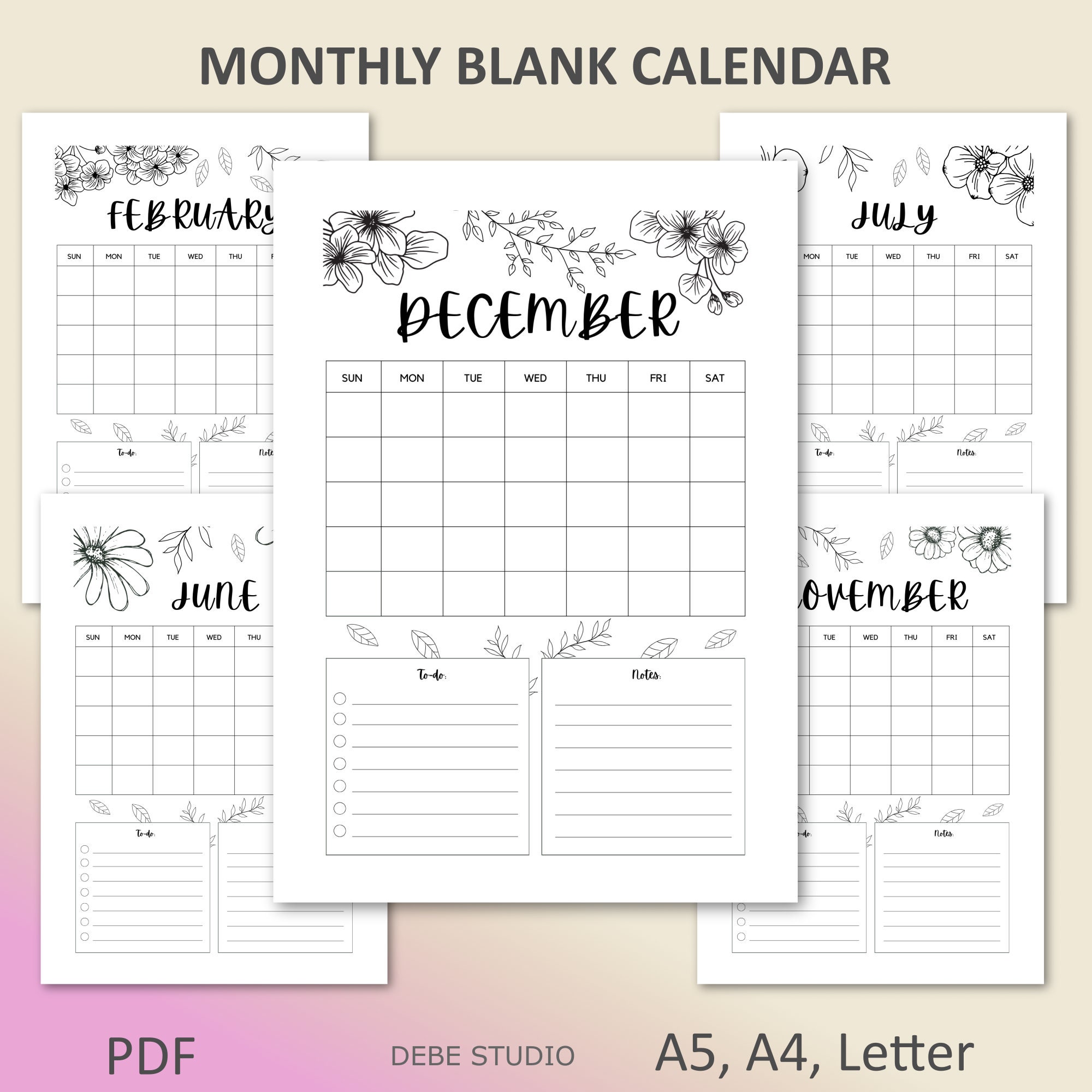 12 Month Calendar Coloring Pages Printable Planner PDF A5 A4 Bullet ...