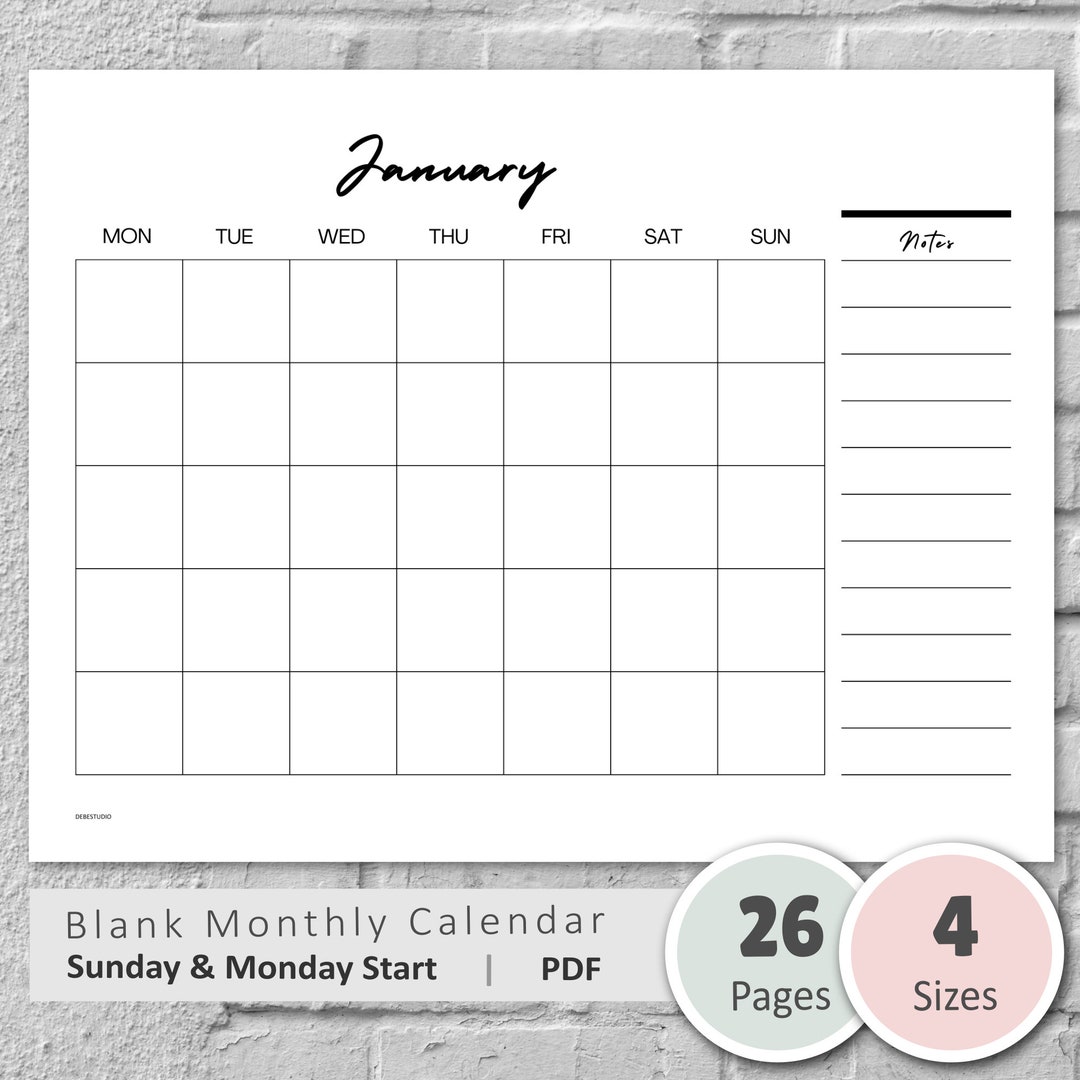 Printable Blank Monthly Calendar With Notes, Minimalist Undated Monthly ...