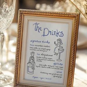 Plantilla ilustrada para cartel de bebidas de autor, ilustraciones de personas simpáticas dibujadas a mano, menú de cócteles de boda, descarga imprimible original