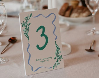 Wavy Wedding Table Numbers: Hand-Drawn Floral Design (Digital Download)