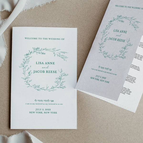 Jewish Wedding Program Greenery Template, Jewish Wedding Ceremony Explainer, Jewish Wedding Guide, Printable, Customizable
