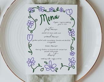 Modèle de menu de mariage écrit à la main, menu de douche nuptiale dessiné à la main, illustration de Doodle de fleurs, menu de dîner de mariage modifiable