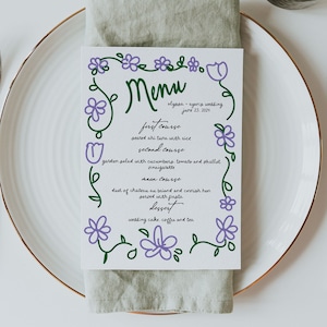 Plantilla de menú de boda escrita a mano, menú de despedida de soltera dibujado a mano, ilustración de garabatos de flores, menú de cena de boda editable