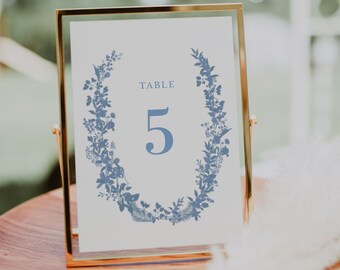 Dusty Blue Floral Wedding Table Numbers: 5x7 Printable (Digital Download)