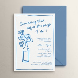 Hand Drawn Bridal Shower Invitation Template, Something Blue Bridal Invitation, Whimsical Scribble Illustration, Dusty Blue Invite