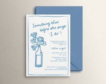 Hand Drawn Bridal Shower Invitation Template, Something Blue Bridal Invitation, Whimsical Scribble Illustration, Dusty Blue Invite