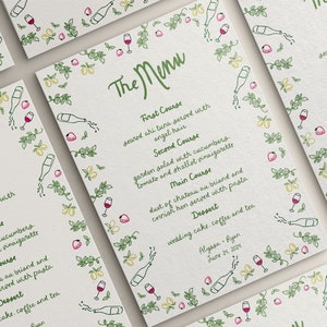 Italienische Hochzeitsmenukarte, wunderliche Gekritzelillustration, Hand gezeichnete Italien-Hochzeitsabendessenskarte, Sommerabendkarte, handgeschriebenes Menü