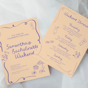 May include: A peach-coloured invitation with purple text for a hen weekend. The invitation includes the name Samantha and the text "It's time to celebrate our girl!" and "Samantha's Bachelorette Weekend". The invitation also includes a list of activities for the weekend, including a boat trip, dinner, and yoga. The invitation is decorated with purple illustrations of a cocktail glass, sunglasses, a sunblock bottle, a beach umbrella, a beach bag, and a camera.