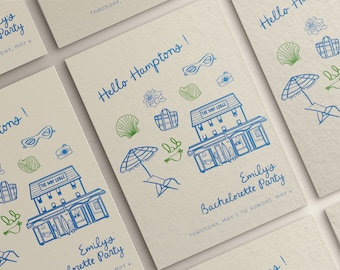 Hamptons Bachelorette Party Itinerary Template | Hamptons Bachelorette Weekend Timeline | Illustrated Montauk Bach Party Invitation