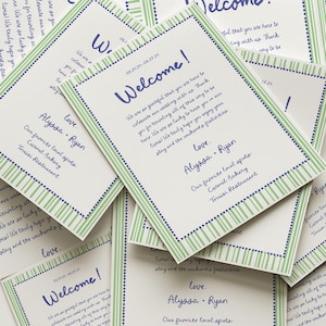 Carta de bienvenida de boda + plantilla de itinerario, nota colorida para la bolsa de bienvenida, cronograma de boda original, eventos imprimibles para el fin de semana de la boda