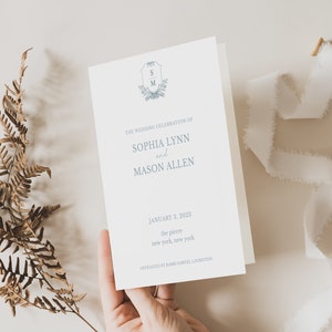 Dusty Blue Winter Wedding Program Template: Monogram Crest (Digital Download)
