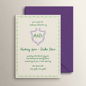 May include: A wedding invitation with a green and purple border. The invitation reads "join us for the wedding celebration of A&D Audrey Lane + Duke Stein Sunday, the third of June two thousand twenty three ceremony at six in the evening the dominick new york, new york"