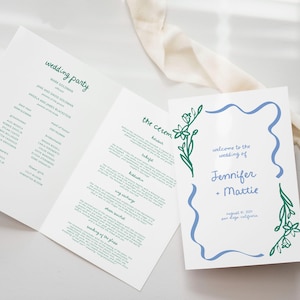 May include: White wedding programs with green and blue text. One program is open, displaying the wedding party and ceremony details. The cover of another program features the names Jennifer and Mattie, with a blue border and floral accents.