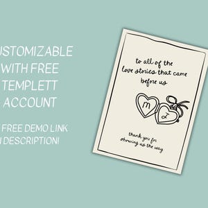 May include: A printable wedding card with a black and white illustration of two locket charms with the letters "M" and "J" inside. The text reads "To all of the love stories that came before us. Thank you for showing us the way."