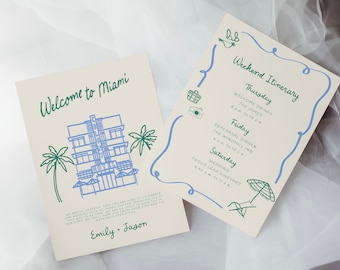 May include: Two cream-colored cards with blue and green text and illustrations. The first card says "Welcome to Miami" with a blue illustration of a Miami Art Deco building and palm trees. The second card says "Weekend Itinerary" with a list of events for Thursday, Friday, and Saturday. The events include "Welcome Drinks", "Rehearsal Dinner", and "Wedding".