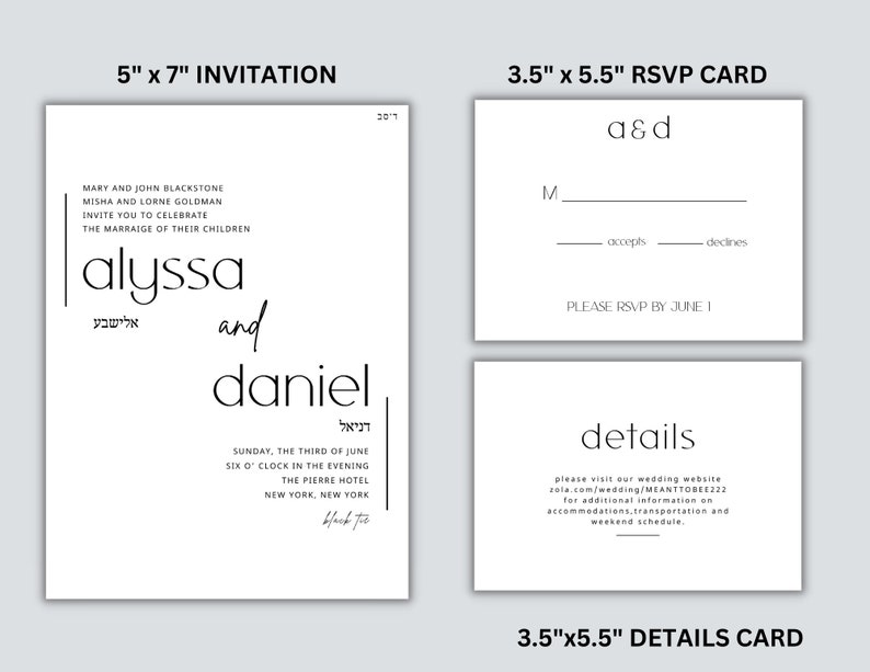 Jewish Wedding Invitation Suite Template Minimalist Jewish Ceremony Invite Printable Hebrew Wedding Invite Editable Digital Download image 3