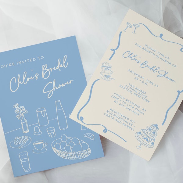 Blue Bridal Brunch Invitation Template, Handdrawn Bridal Shower Invite, Whimsical Scribble Illustration, Wavy Dusty Blue Invite