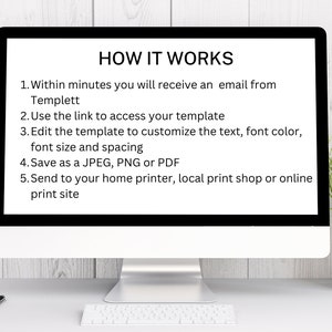 Op de afbeelding: Een computerscherm met instructies over het gebruik van een templateservice. De tekst op het scherm luidt: "HOW IT WORKS 1. Within minutes you will receive an email from Templett 2. Use the link to access your template 3. Edit the template to customize the text, font color, font size and spacing 4. Save as a JPEG, PNG or PDF 5. Send to your home printer, local print shop or online print site"