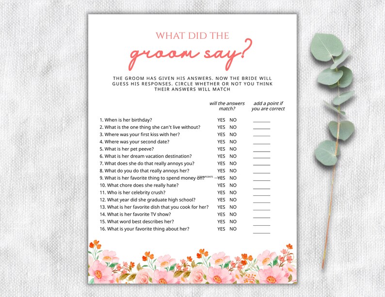 What Did the Groom Say Printable Bridal Shower Game Bridal Trivia
