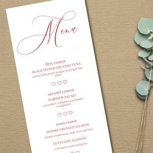 Modello di menu di San Valentino, stampa a casa Menu di Galantine, carta menu di matrimonio romantico 4,25x11, personalizzabile