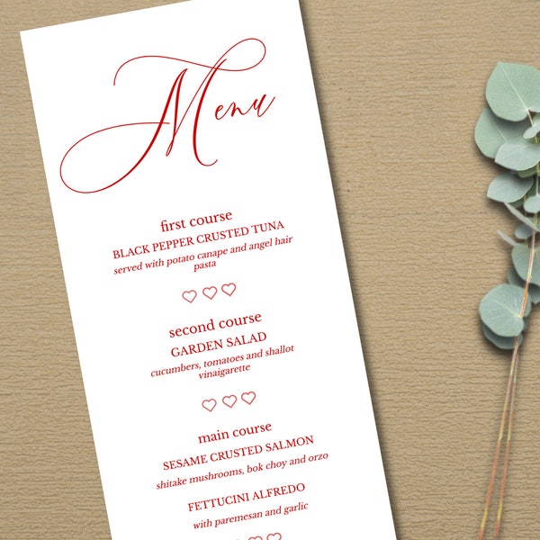 Modello di menu di San Valentino, stampa a casa Menu di Galantine, carta menu di matrimonio romantico 4,25x11, personalizzabile