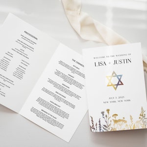 Jüdische Hochzeits-Programmvorlage, Jüdischer Hochzeitsführer, Jüdisches Hochzeitszeremonie-Programm, Davidstern-Illustration, Jüdische Hochzeitsbroschüre
