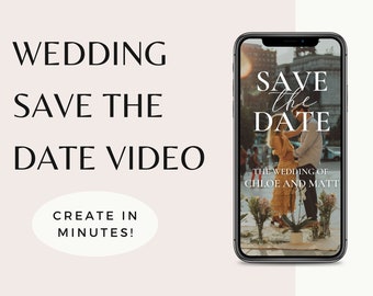 May include: A smartphone screen displaying a save the date video for a wedding. The video features a couple dancing in front of a city backdrop. The text "Save the Date" is displayed in white on a black background. The text "The Wedding of Chloe and Matt" is displayed below the couple.