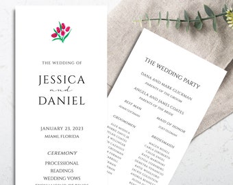 May include: Wedding ceremony program with a simple design featuring the names Jessica and Daniel, the date January 23, 2023, and the location Miami, Florida. The program also includes the wedding party names and titles.