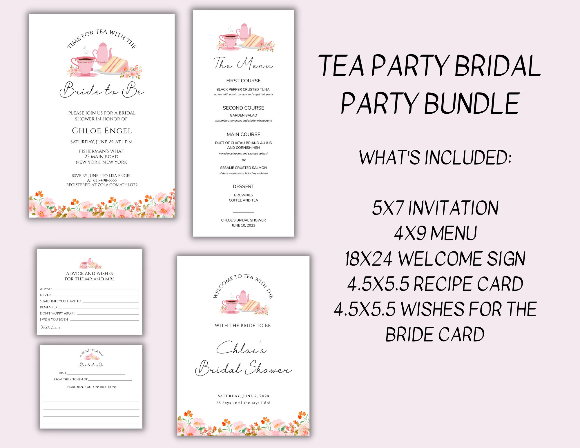 Tea Party Bridal Shower Invitation Bundle Printable Bridal Tea Shower Invite Instant Download ...
