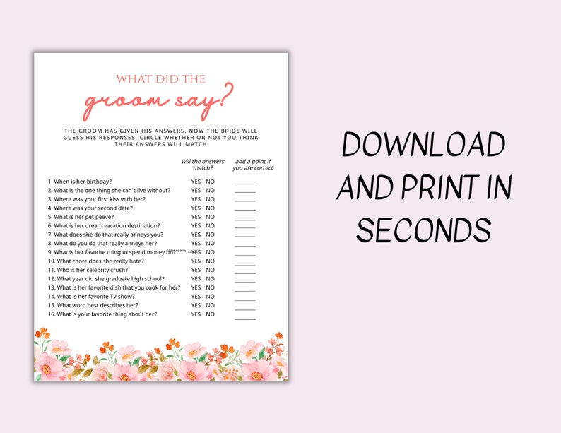 What Did the Groom Say Printable Bridal Shower Game Bridal Trivia