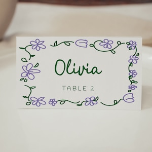 Tarjetas de nombre de mesa de flores dibujadas a mano / Ilustraciones caprichosas / Plantilla de tarjeta de lugar de boda / Tarjetas de nombre divertidas / Imprimibles