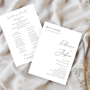 May include: A wedding ceremony programme with a white background and black text. The programme includes the wedding party, the ceremony order, and the names of the bride and groom: Rebecca and Joshua. The wedding is scheduled for 8th July 2023 in New York, New York.