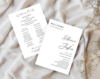 May include: A wedding ceremony program with a white background and black text. The program includes the wedding party, the ceremony order, and the names of the bride and groom: Rebecca and Joshua. The wedding is scheduled for July 8, 2023 in New York, New York.