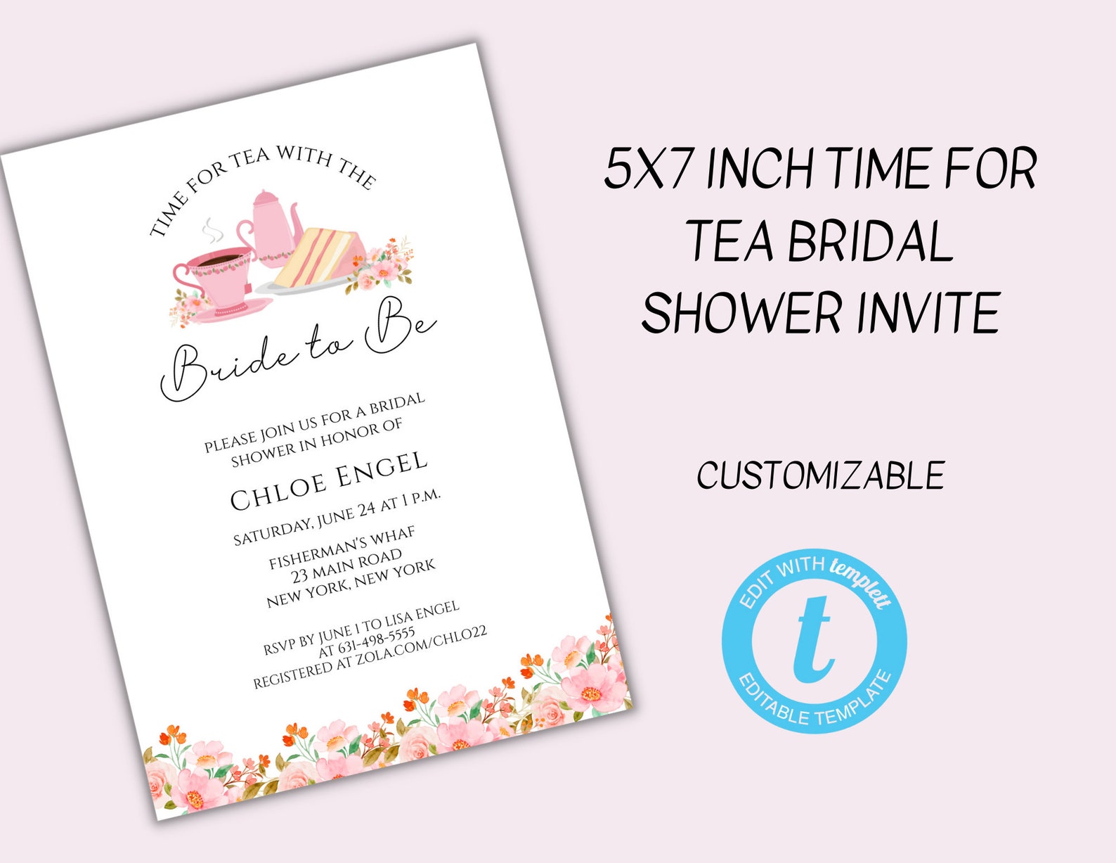 Tea Party Bridal Shower Invite Printable Bridal Shower Tea Invitation Template Instant Download ...