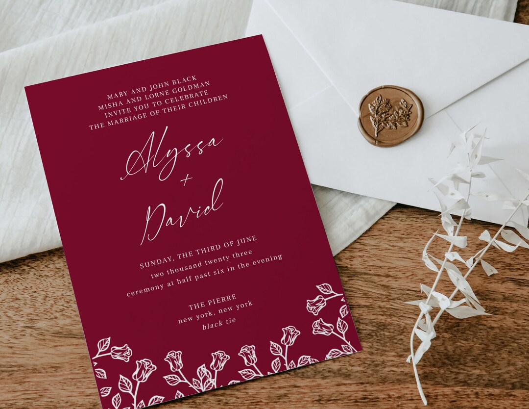 Burgundy Wedding Invitation Template, Modern Wedding Calligraphy, 100