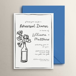 Modelo de convite para jantar de ensaio extravagante, ilustração de rabiscos desenhados à mão, convites para imprimir na noite anterior, personalizáveis