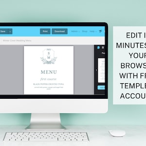 Op de afbeelding: Een computerscherm waarop een huwelijksmenu-sjabloon wordt weergegeven op de website Templett. Het menu is voor een huwelijksreceptie en bevat de tekst "Winter Crest Wedding Menu" en "Black Pepper Crusted Tuna". De tekst "EDIT IN MINUTES ON YOUR BROWSER WITH FREE TEMPLETT ACCOUNT!" wordt aan de rechterkant van de afbeelding weergegeven.