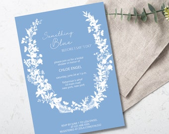 Something Blue Bridal Shower Invitation Template, Blue Floral Bridal Shower Invite, Dusty Blue Wedding Instant Download, Something Blue Crew