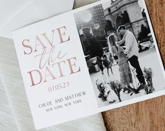 Rose Gold Save the Date Template | Photo Save the Date Card | Simple Blush Wedding Invite | Printable | Instant Download | 100% Editable