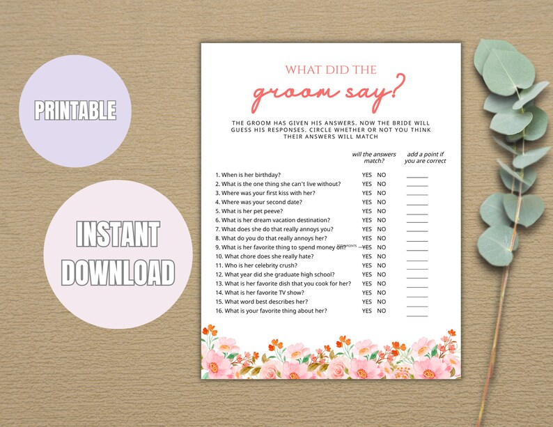 What Did the Groom Say Printable Bridal Shower Game Bridal Trivia
