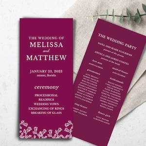 Modèle de programme de mariage Bourgogne simple, carte de chronologie de mariage de la Saint-Valentin, téléchargement instantané personnaliser et imprimer