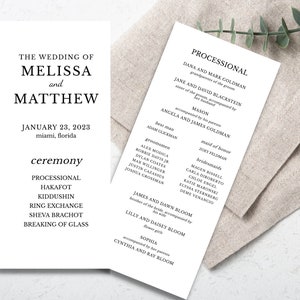 Puede incluir: Programa de la ceremonia de boda con los nombres Melissa y Matthew, la fecha 23 de enero de 2023 y la ubicación Miami, Florida. El programa enumera el orden de los eventos de la ceremonia, incluyendo la procesión, hakafot, kiddushin, el intercambio de anillos, sheva brachot y la ruptura del vaso.