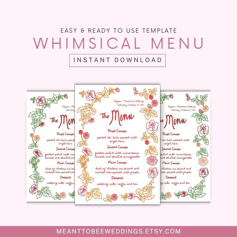 Menu First Course Layout Fall Wedding Menu Template: Hand-drawn Floral Design (instant Download ...