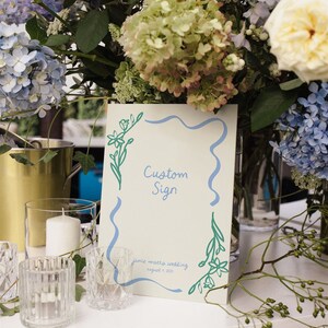 Op de afbeelding: Een wit bord met een blauwe rand en groene bloemillustraties. Het bord zegt "Custom Sign" en "Jamie Mattis Wedding August 8, 2021".