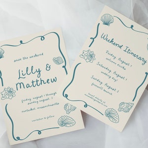 May include: A save the date card with a blue and white seashell design. The card says "Save the Weekend Lilly & Matthew" and includes the dates "Friday, August 1 through Sunday, August 3" and the location "Nantucket, Massachusetts". The card also includes a separate card with the text "Weekend Itinerary" and a list of events for the weekend.