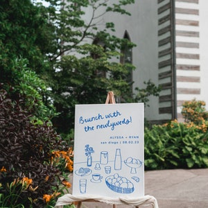 May include: A white sign with blue text that reads "Brunch with the newlyweds!"  Alyssa + Ryan, San Diego | 08.02.23.  The sign also features a hand-drawn illustration of a breakfast spread with a glass of orange juice, a coffee cup, a croissant, and a bowl of fruit.