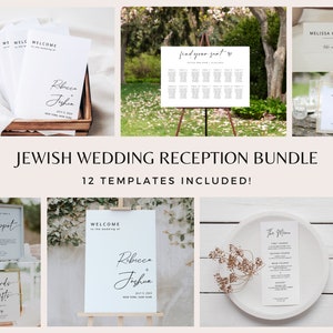 Puede incluir: Un conjunto de 12 plantillas imprimibles para una recepción de boda judía. Las plantillas incluyen un cartel de bienvenida, un plano de asientos, números de mesa, tarjetas de menú y tarjetas para regalos y propinas. Las plantillas están diseñadas en un estilo minimalista con texto negro sobre fondo blanco.