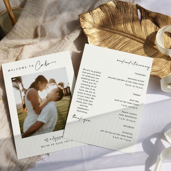 Carta de bienvenida e itinerario de la boda de destino, cronología de la boda tropical para invitados, nota de la bolsa de bienvenida de la boda en la playa, descarga instantánea